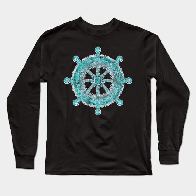 Dharma Wheel - Dharmachakra Silver and turquoise Long Sleeve T-Shirt by Nartissima